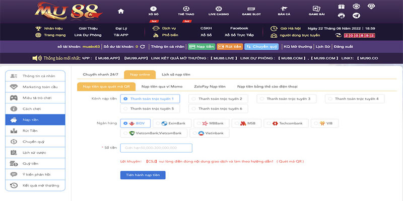 Đa dạng phương thức nạp tiền Mu88